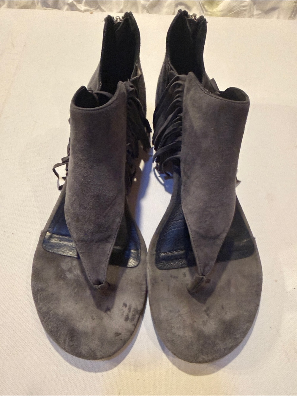 Adam Tucker Charcoal Suede Fringe Thong Sandals